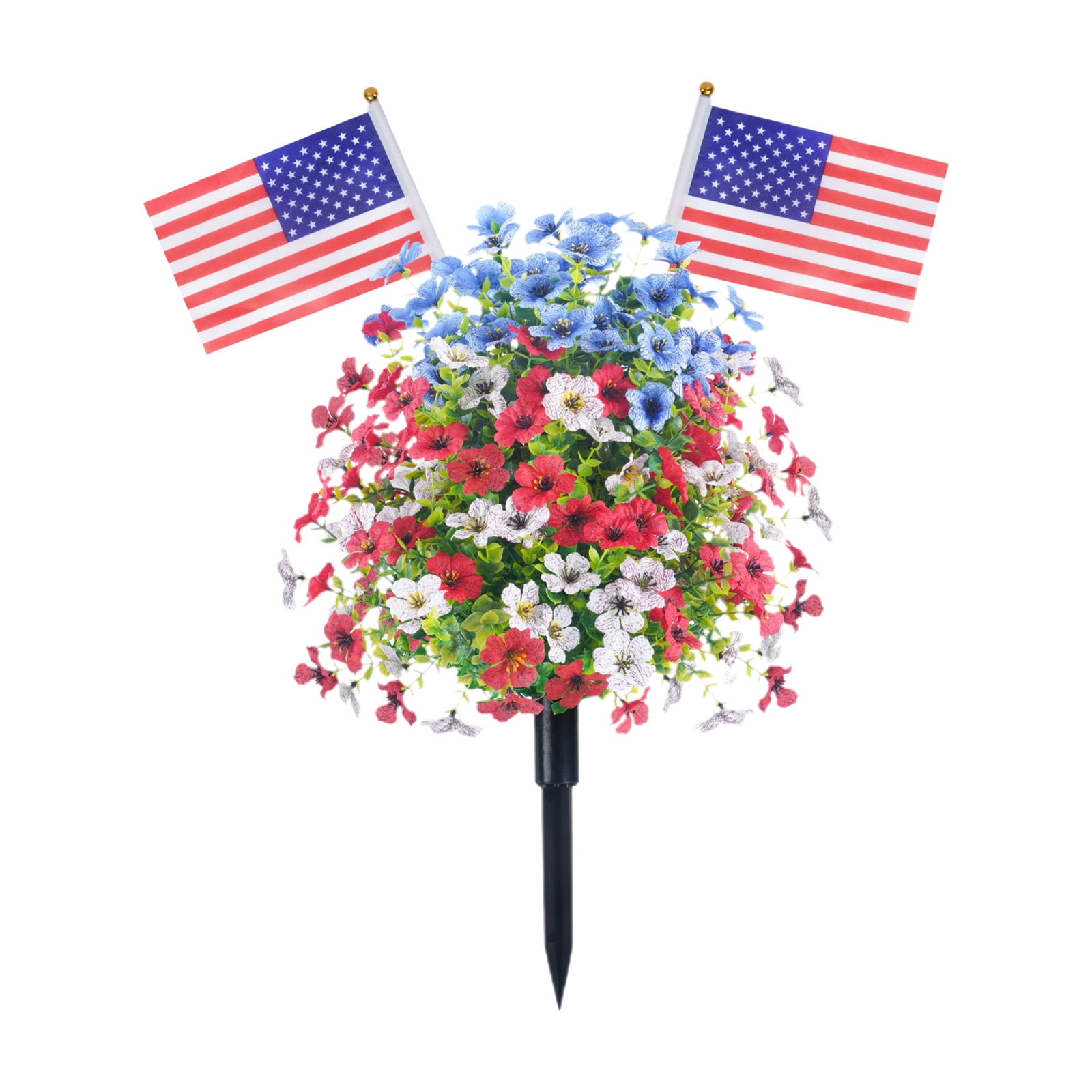 24 Inch Patriotic Flowers Topiary Trees Artificial Red White Blue Outdoor Flowers for Outdoor Planters Artificial Shrubs with Ground Spike Fade Resistant 4th of July Stakes Decor - 2 Pack