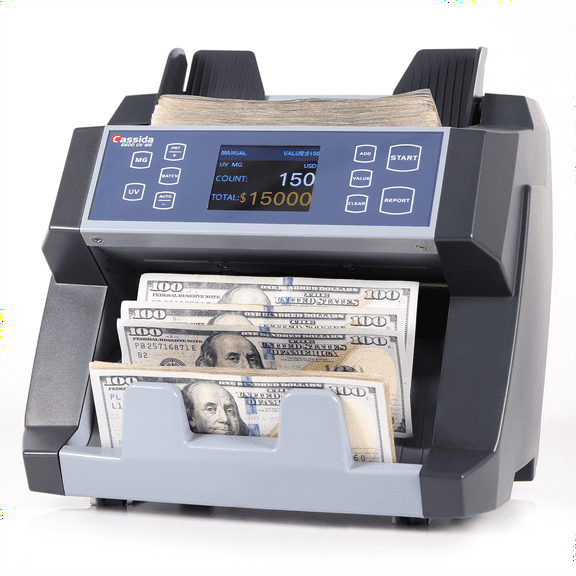 Cassida 6600 UV/MG Business Grade Currency Counter Machine, High-Speed Bill Counter and Cash Handling Equipment with a 400 Bill Hopper Capacity, Counts 1400 Bill/Min