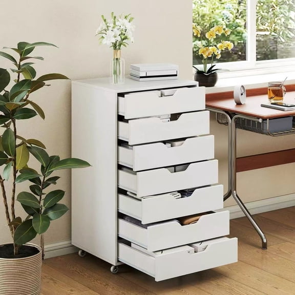 Auranook 7-Drawer Chest Mobile File Cabinet Vertical Filing Organizer w/ Lockable Wheels