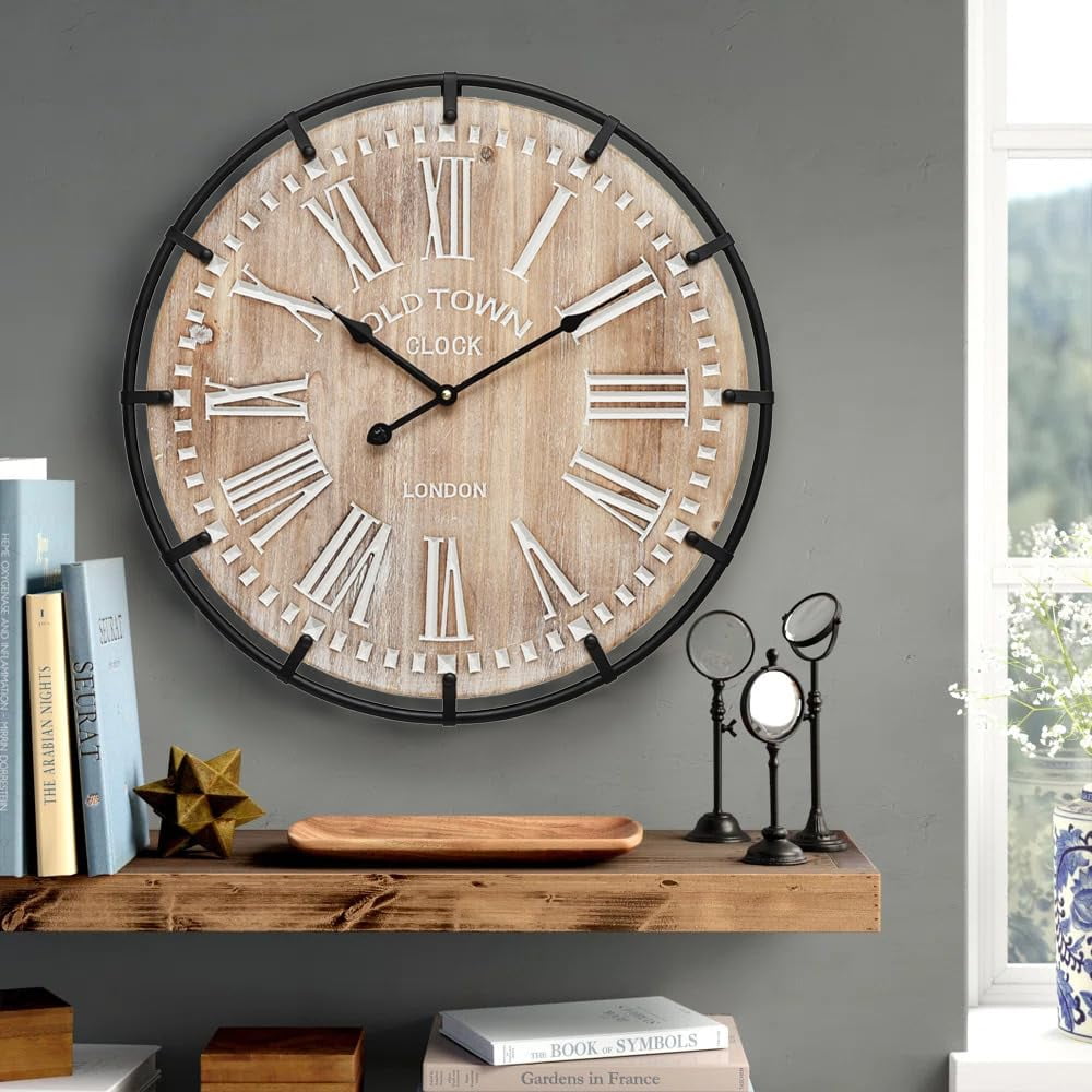 Horloge Murale Vintage De Ferme 20 Pouces - Bois Et Métal - Design Industriel - Sans Piles