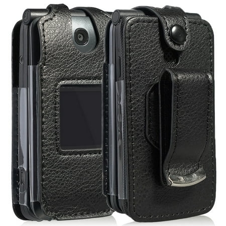 Case for Go Flip Phone, Nakedcellphone [Black Vegan Leather] Form-Fit Cover with [Built-In Screen Protection] and [Metal Belt Clip] for Alcatel Go Flip V, MyFlip, QuickFlip, AT&T Cingular Flip 2