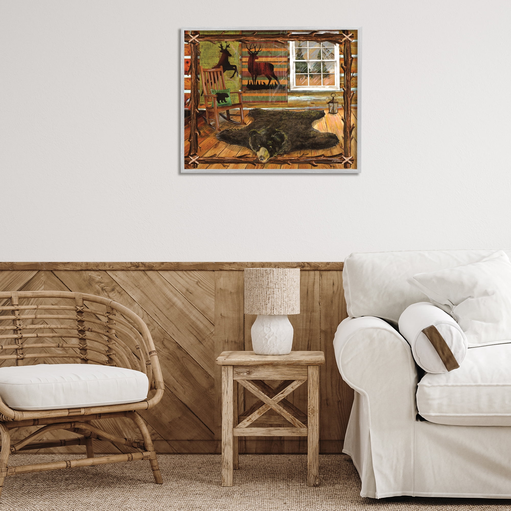 Stupell Industries Rustic Cabin with Border Animals & Insects Painting Gray Framed Art Print Wall Art, 30 x 24