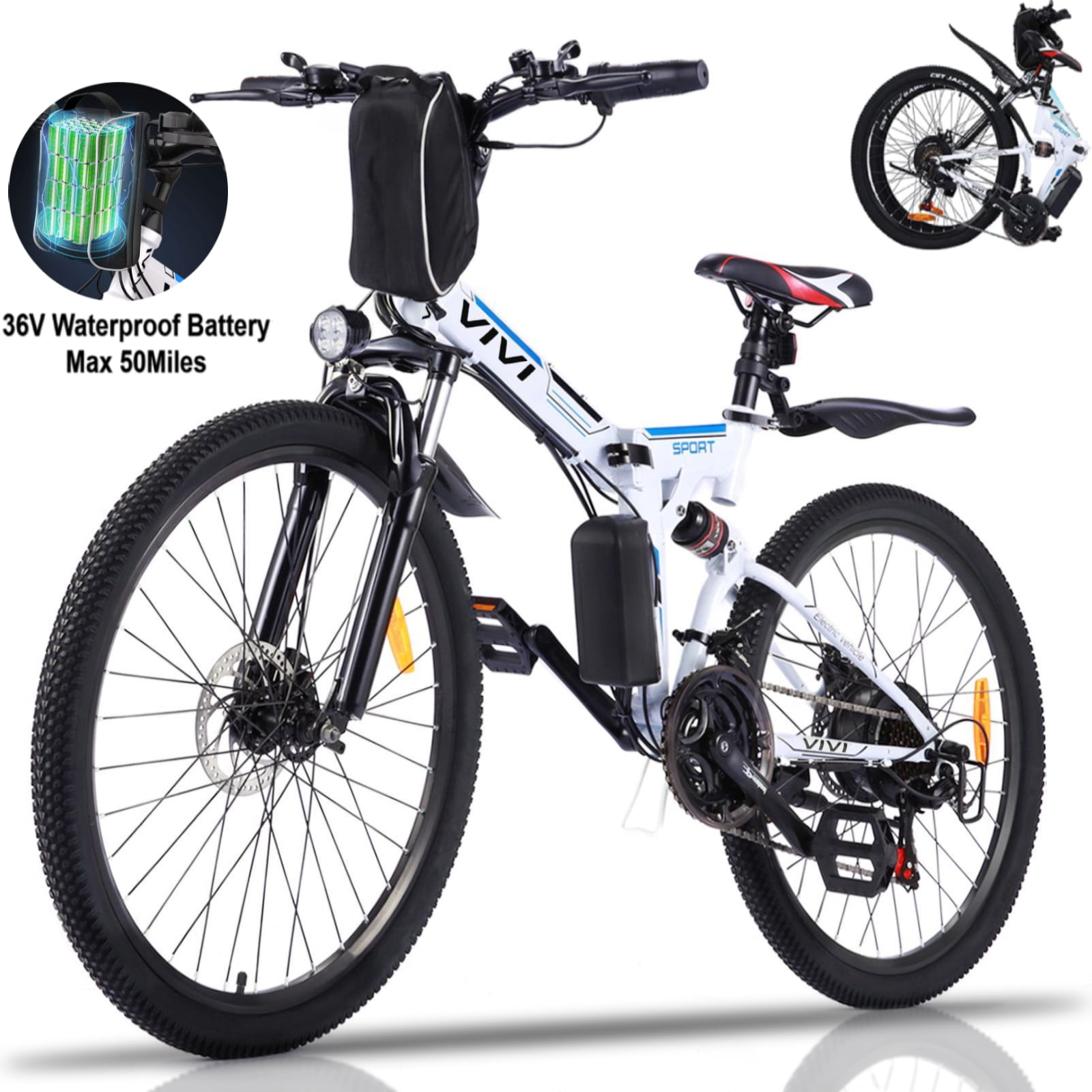 VIVI Folding Electric Bike for Adults 26 inch E-Bike Electric Mountain Bicycle 350W Lightweight Ebike Professional Shimano 21 Speed Gears with Removable36V 8Ah Lithium Battery 
