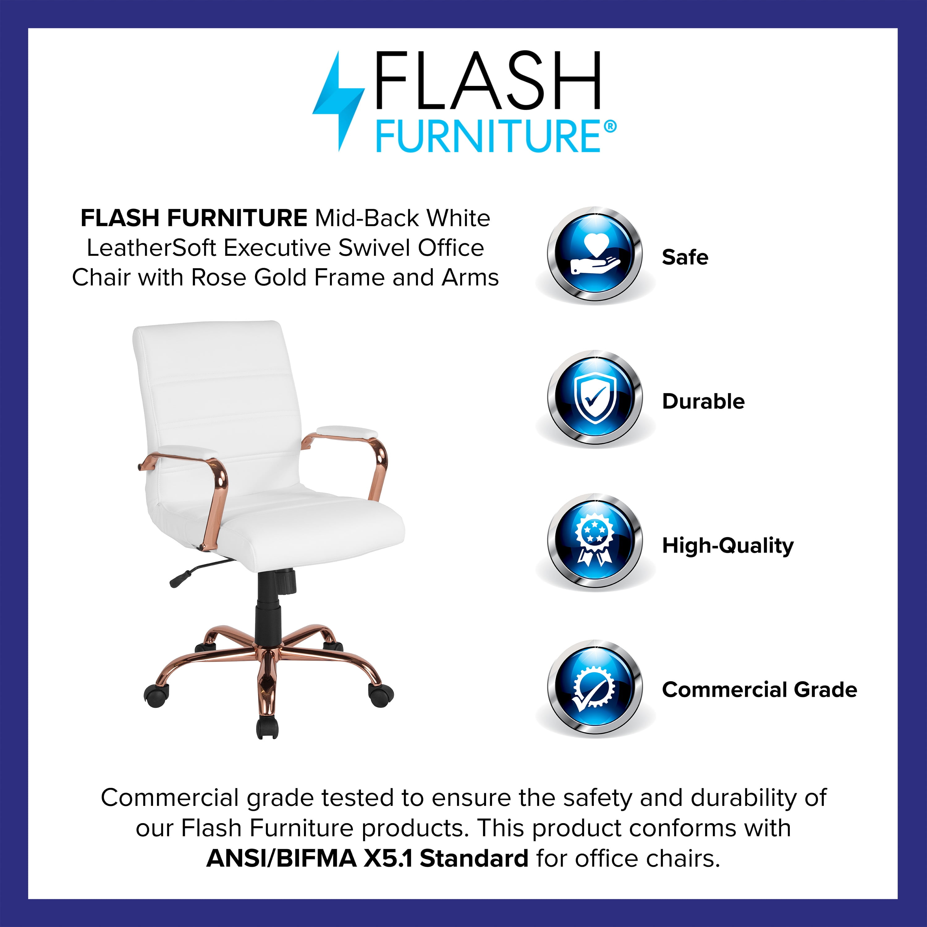 Flash Furniture Mid Back White LeatherSoft Executive Swivel Office Chair with Rose Gold Frame and Arms