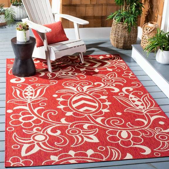 SAFAVIEH Beach House Robynne Botanical Indoor/Outdoor Area Rug, Red/Beige, 5'3" x 7'6"