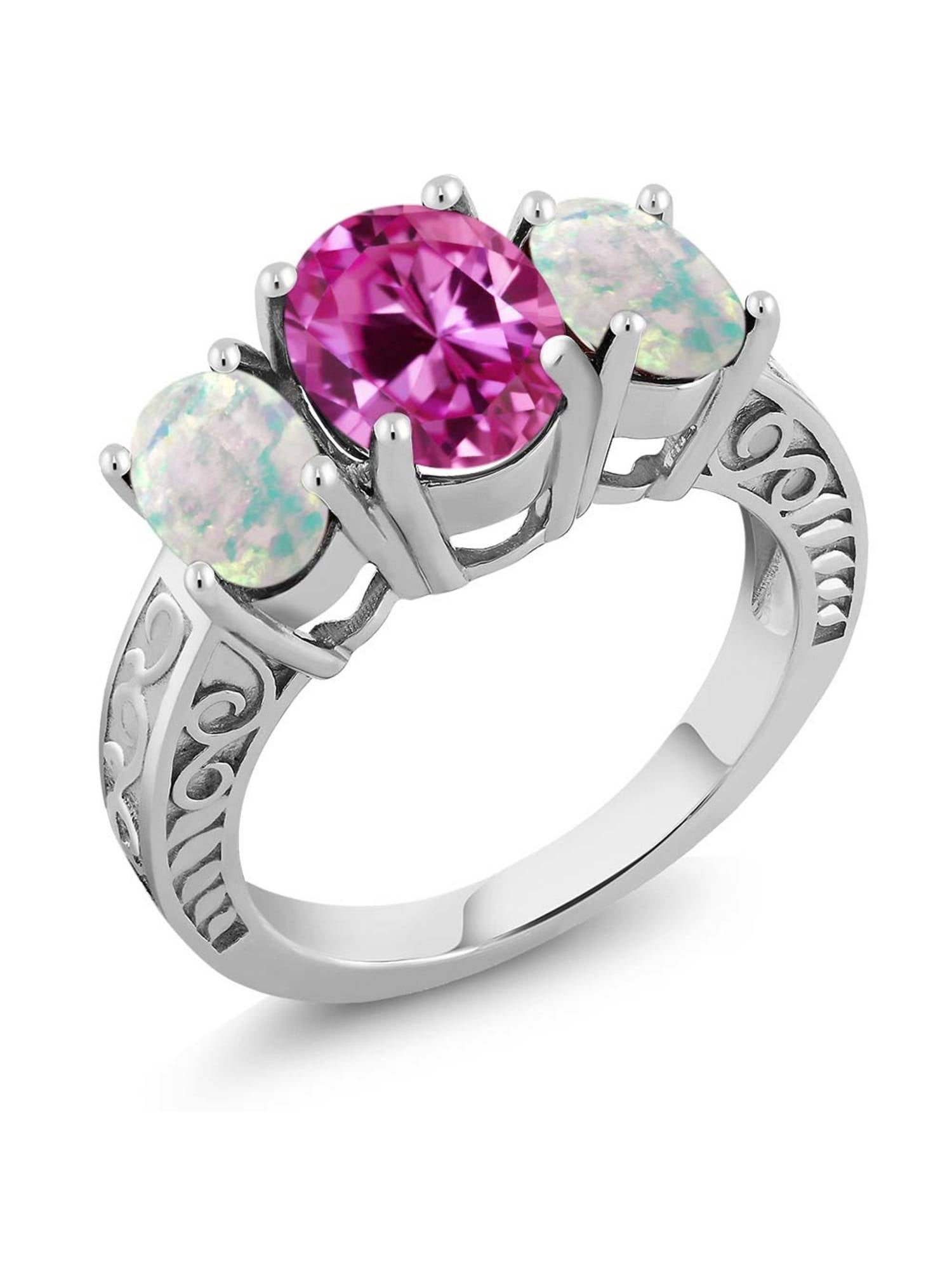 3.66 Ct Oval Pink Created Sapphire White Simulated Opal 925 Sterling Silver Ring by