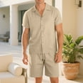 thumbnail image 7 of THDHVS Pajamas for Men,Men's Pajama Sets,Men Solid Color Short Sleeve Shirt Set with Lapel Button Front and Elastic Waist Shorts with Pockets for Home Loungewear Khaki L, 7 of 7