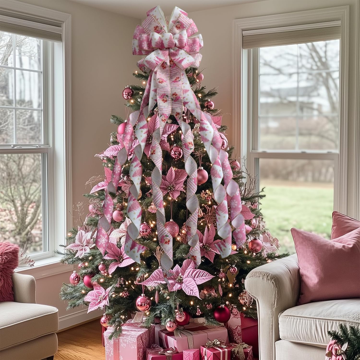 Large Christmas Tree Topper Bow 52x13 Inch, Pre-Tied Wired Ribbon Wreath Bows, Xmas Ornaments with Long Wired Edge Streamer for Holiday Thanksgiving Indoor Outdoor Party Decoration (Pink)