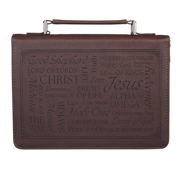 Christian Art Gifts Classic Premium Vegan Leather Inspirational Bible Cover for Men & Women: Names of Jesus, Encouraging Heat-debossed Scripture, Sturdy Carry Case, Pen Loops, Pockets, Brown, Medium
