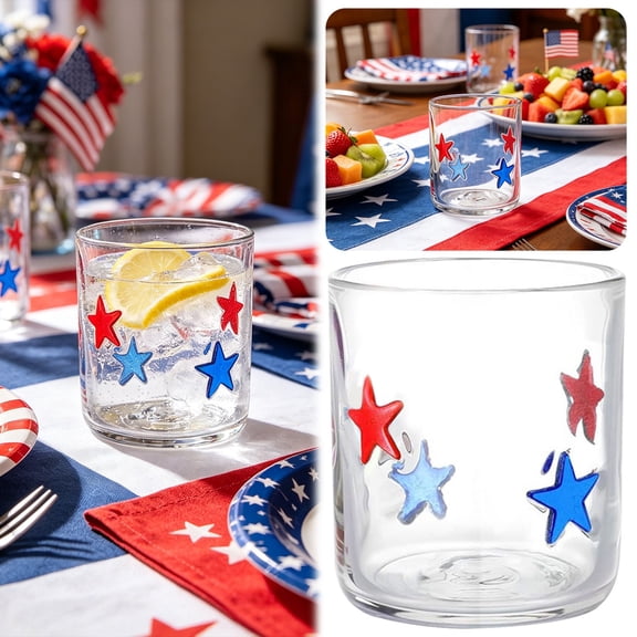 350ml Red Blue Patriotic Star Glass Tumbler Set, 4th of July Drinking Glass, Independence Day Cocktail Cup, Festive Star Pattern Glassware for Summer Party Barbecue Home Use, 1 Pack
