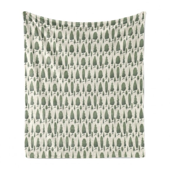Woodland Soft Flannel Fleece Blanket, Repeating Pattern of Green Tones Forest Trees Pastel Simplistic Print, Cozy Plush for Indoor and Outdoor Use, 60" x 80", Pale Reseda Green Ivory, by Ambesonne