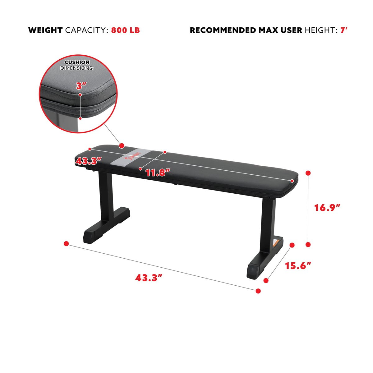 Sunny Health & Fitness Flat Weight Bench for Workout, Exercise and Home Gyms with 800 lb Weight Capacity - SF-BH620037