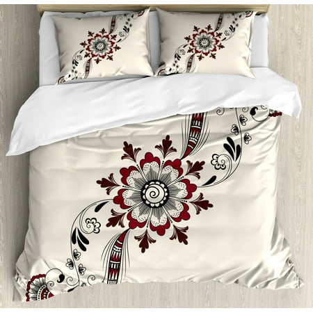 Asian Inspired Bed Henna Duvet Cover Set, Colorful Floral Pattern Asian Mehndi Arrangement Nature Inspired Abstract, Decorative Bedding Set with Pillow Shams, Maroon Brown Black, by Ambesonne ()