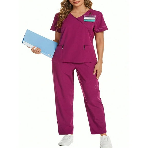 cimmuovere Casual Commuting V-Neck Crossover Double Pocket Short-Sleeved Ear Top Straight Pants Elastic Waist Women's Uniform Scrubs Nurse Work Uniform Workwear Laboratory Clothes Suit