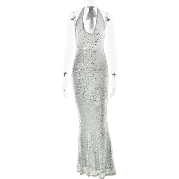 Sequin Fishtail Evening Dress Sleeveless Deep V Halter Neck Backless Silver Black Long Gown