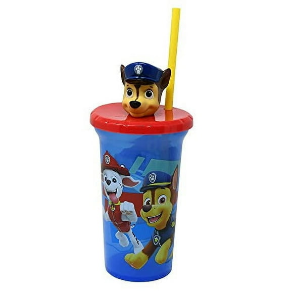 Paw Patrol Water Cup with Lid and Straw - Reusable Blue Kids Travel Cup Tumbler with Long Red Straw and Handy 3D Chase Character Mold Head, Durable Paw Patrol Sippy Cup - 15 Ounces