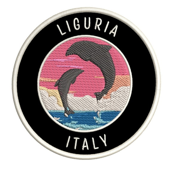 Liguria, Italy Dolphin Sunset 3.5 Inch Iron Or Sew On Embroidered Fabric Badge Patch Ocean Beach, Salt Life Iconic Series