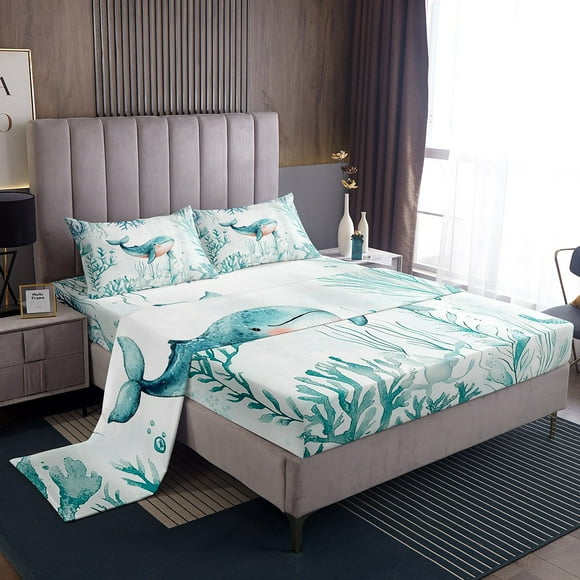 Erosebridal Ocean Whale Bed Sheets Twin,Underwater World Bedding Sets Twin Size,Sealife Decoration,Lightweight,3pcs