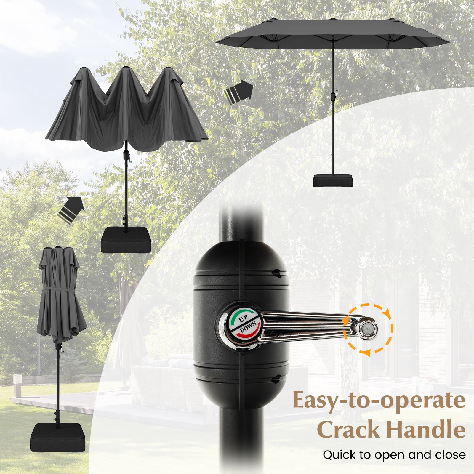 Gymax 13FT Double-sided Patio Umbrella w/ Crank Handle Umbrella Base Safety Lock Grey
