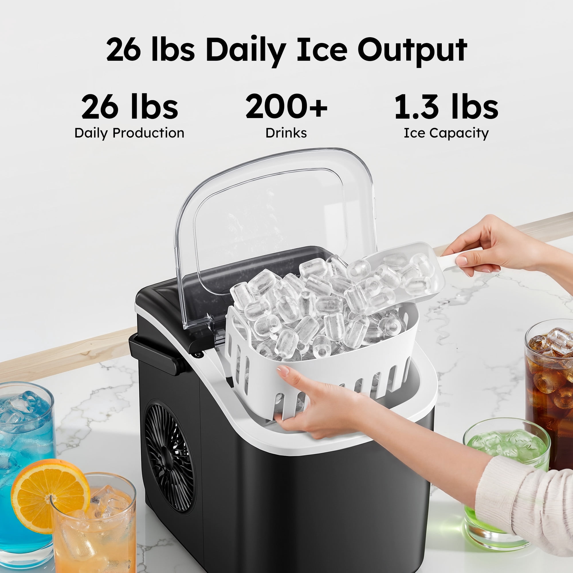 Simzlife 26 lbs/24H Countertop Ice Maker Machine, 9 Bullet-Shaped Ice in 6 Min, Auto-Cleaning Portable Ice Maker for Kitchen, Home, Office, RV, Black