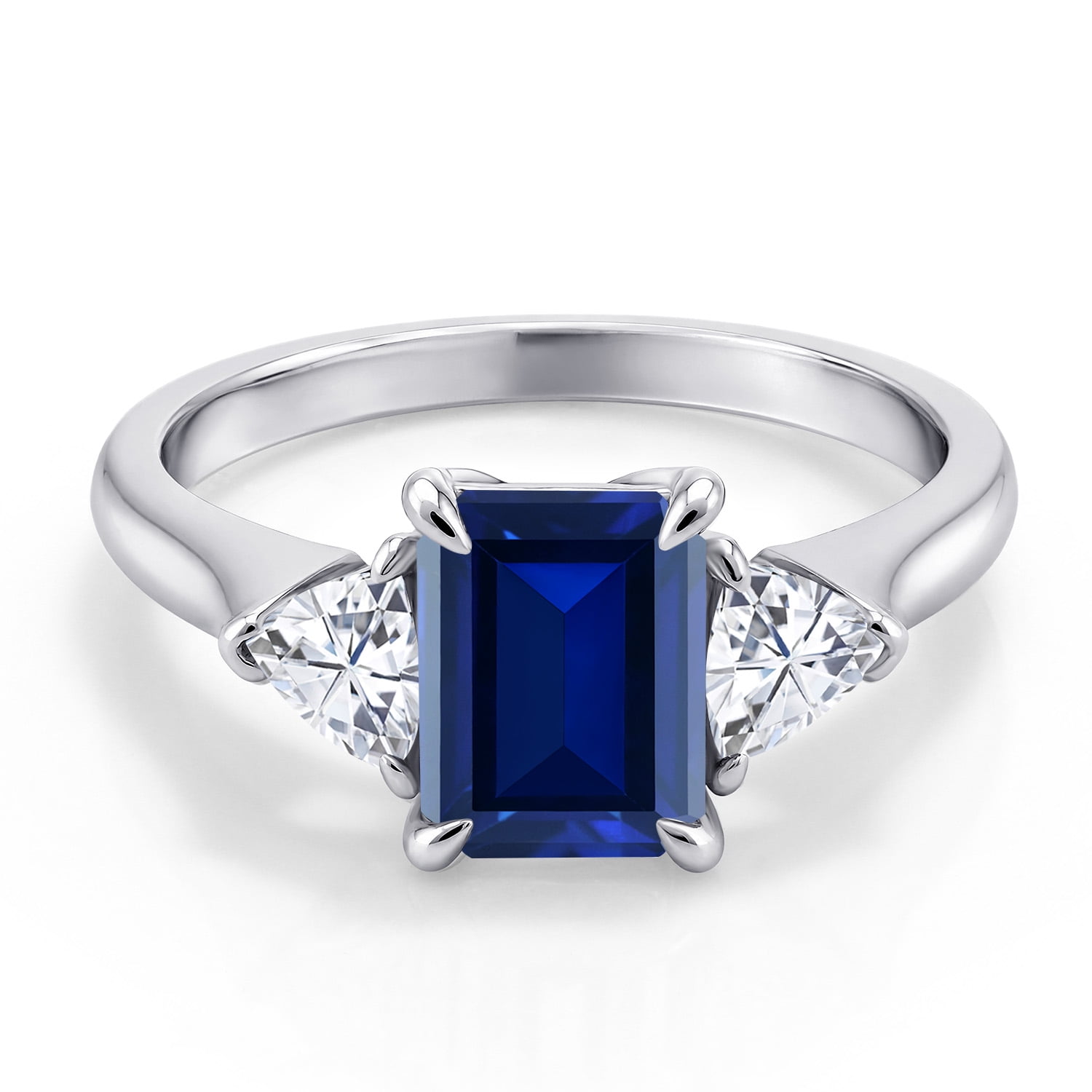 Gem Stone King 1.82 Cttw Blue Created Sapphire and Moissanite 3-Stone Ring for Women | 925 Silver | 8X6MM Octagon | 3.5 Trillion | Wedding Engagement Anniversary Promise Ring for Women | Size 5