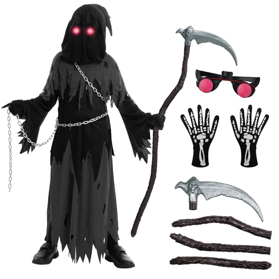 Joyfy Child Glowing Eyes Grim Reaper Costume, Phantom Costume for Kids Halloween Fancy Dress Up 5-12 Years