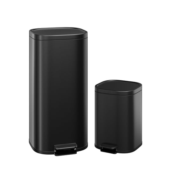 Garvee 8 Gallon and 1.6 Gallon Round Stainless Steel Step on Trash Can Combo Set for Kitchen, Black