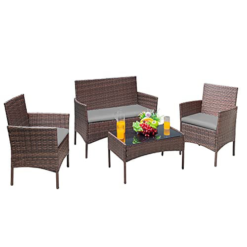 Outdoor Conversation Sets for Garden Balcony Porch Poolside with Glass Coffee Table Rattan Wicker Chair Greesum 4 Pieces Patio Furniture Sets Brown and Blue