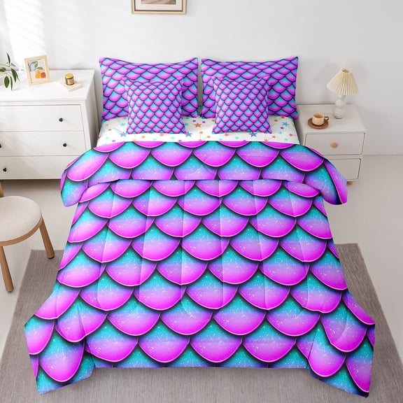 Erosebridal Mermaid Scale Bed in a Bag Twin size, Marine Princess Bed Set, Teenager Reversible Bedding Twin Size, Super Cozy Bedroom Decoration, 7pcs