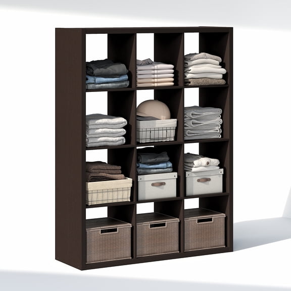 Furinno CUBIC 12-Cube Open Shelf Extra Thick Frame Black Dark Oak