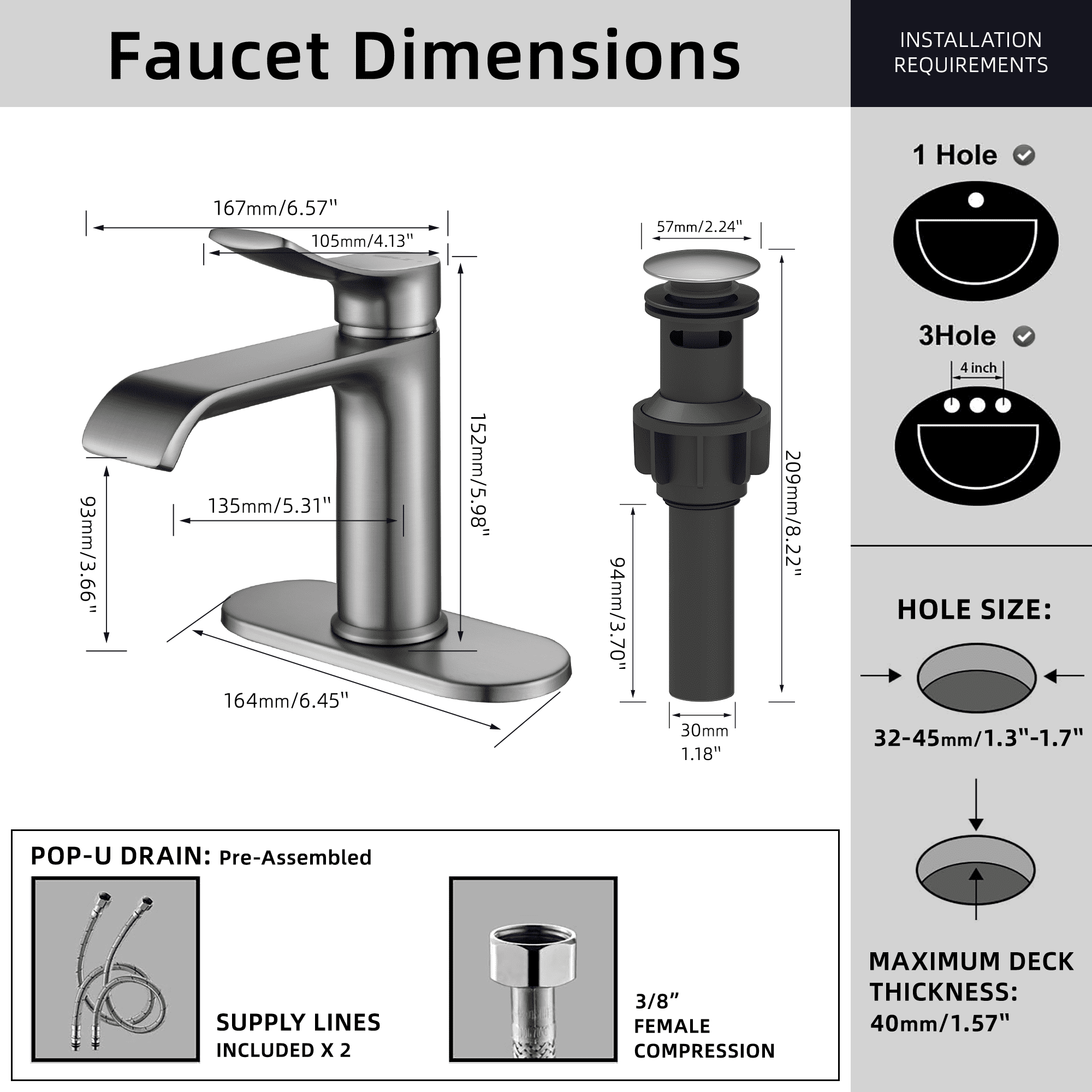 BELZ Bathroom Faucet Modern Waterfall Bathroom Sink Faucet with Single Handle with Pop Up Drain and Deck Plate Suitable for 1 or 3 Holes, Brushed nickel