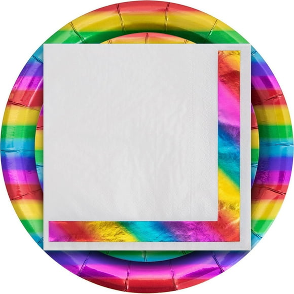 Rainbow Foil Paper Plates and Napkins Kit, Rainbow Foil Party Kit