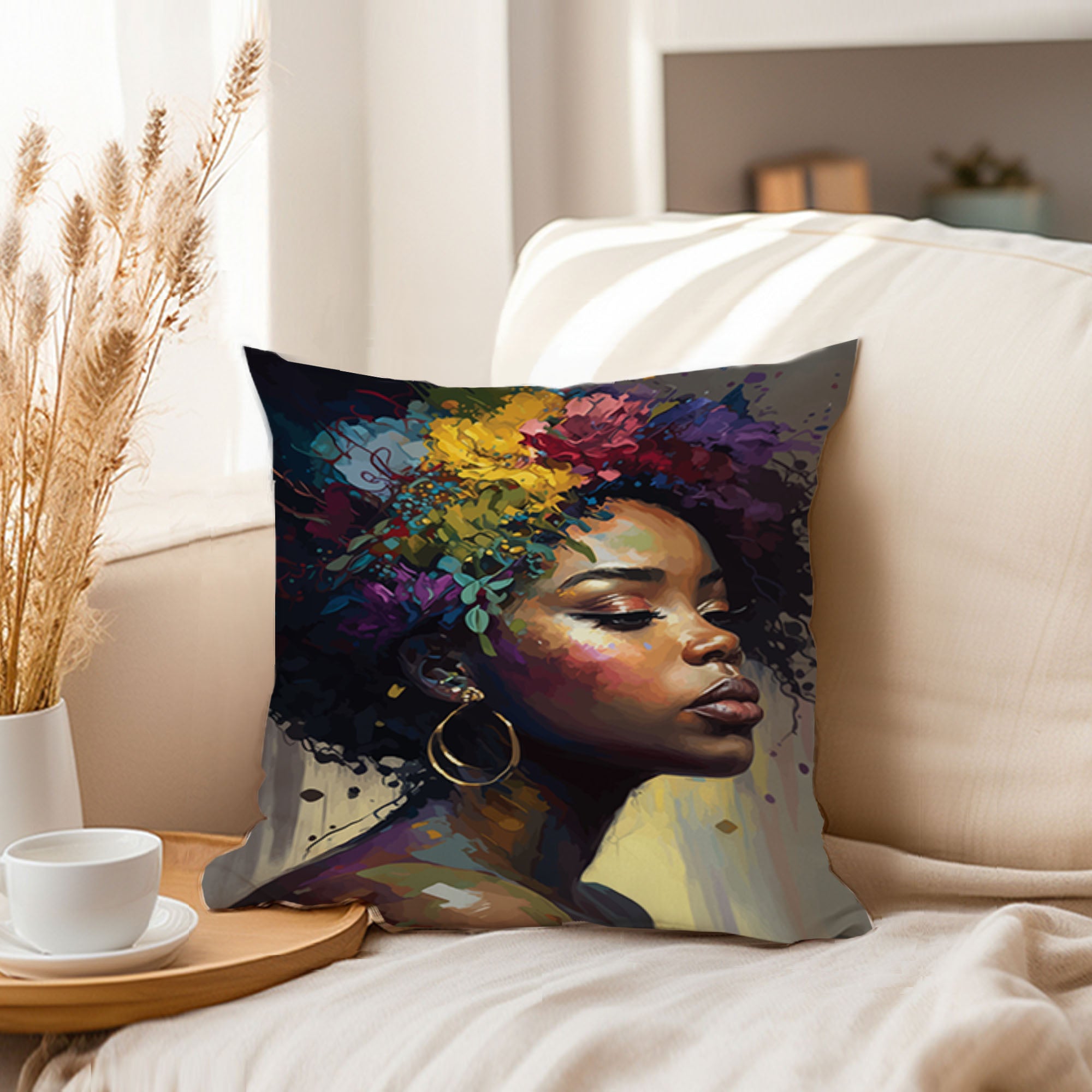 Ethan Taylor People & Portraits Throw Pillow Soft Cushion Cover 'Black Woman Portrait, African American Art Female Portraits' Modern Decorative Square Accent Pillow Case, 16x16 Inches, Brown, Green - image 3 of 5