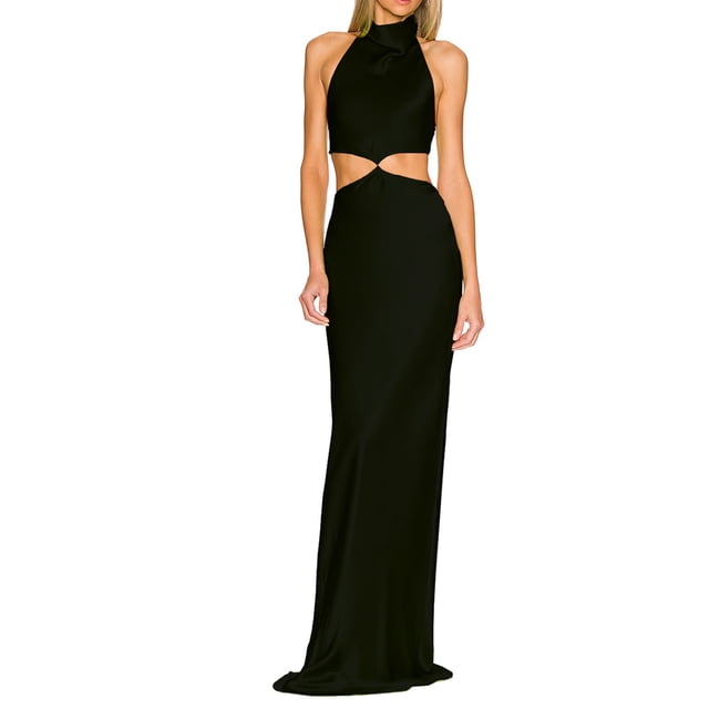 VISgogo Vestido largo con cuello halter casual para mujer Moda Color sólido Cintura hueca Vendaje Sin espalda Vestido ajustado VISgogo moda