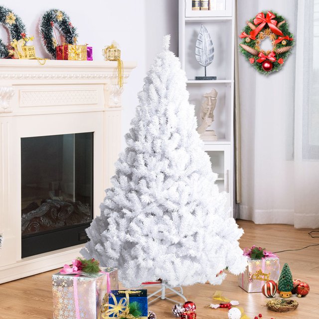 Árbol de Navidad Artificial Costway 1,5m con Base Metálica PVC Hogar Abeto Blanco