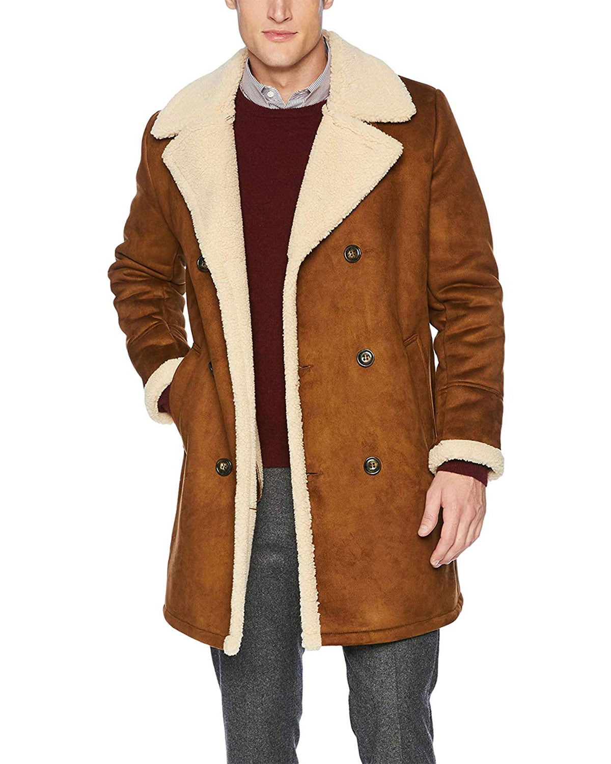 GUESS - Guess Mens Double Breast Faux Shearling Overcoat Large Cognac ...