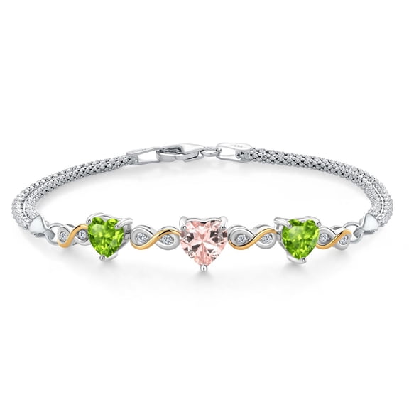 925 Silver and 10K Yellow Gold Peach Nano Morganite and Green Peridot and White Lab Grown Diamond Bracelet for Women (2.86 Cttw, October Birthstone, Heart 7MM and 6MM, 6.5/7/7.5 inch, Made in Italy)