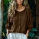 thumbnail image 1 of TaTaai Women's crew neck 3/4 sleeve top, solid color, linen cotton fabric, lantern sleeve, button detail, casual stylish, breathable comfortable, ideal for daily outings & brunch dates Gift, 1 of 7