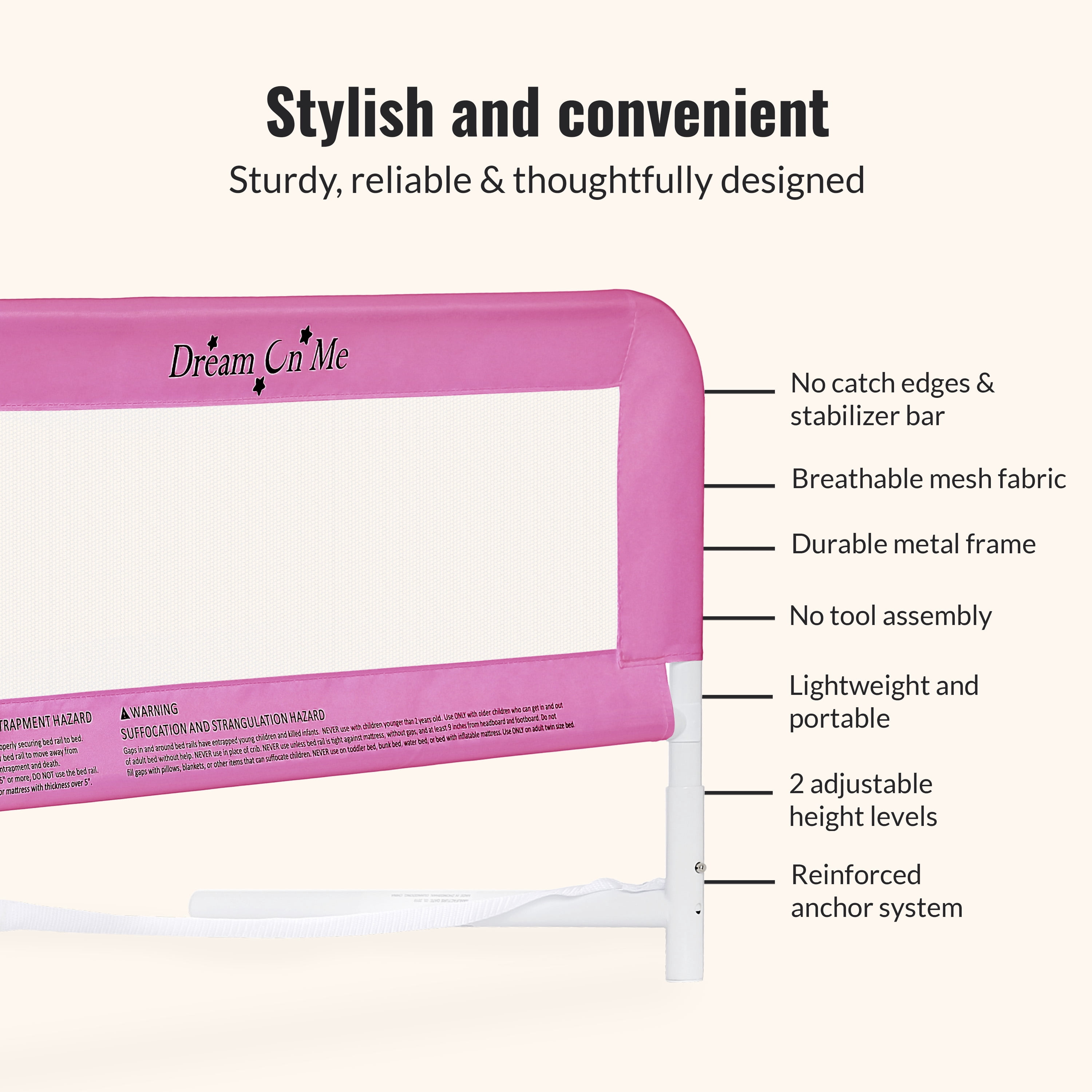 Lightweight Mesh Security Adjustable Bed Rail with Breathable Mesh Fabric in Light Pink - 33'L X 14" W X 23" H