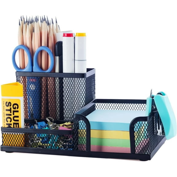 Mesh Desk Organizer, 3 Compartments Metal Pen Holder Storage, Office Desk Accessories, Black