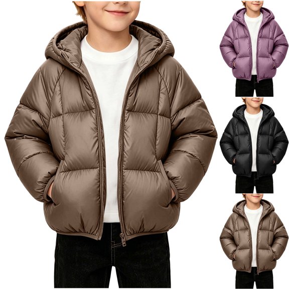 MexChoioe Kids Quilted Puffer Hooded Winter Jacket Full Zip Long Sleeve Outerwear with Side Pockets Fall Winter Warm Casual School Daily Coat for Boys