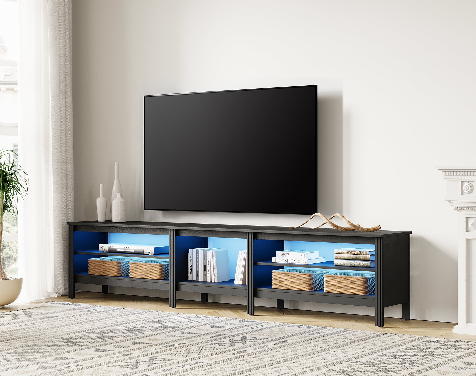 TV Stand for 85 inches Flat Screen, LED Wood Media Console Storage Cabinet Entertainment Center with 6 Open Shelves, 95 inches, Black