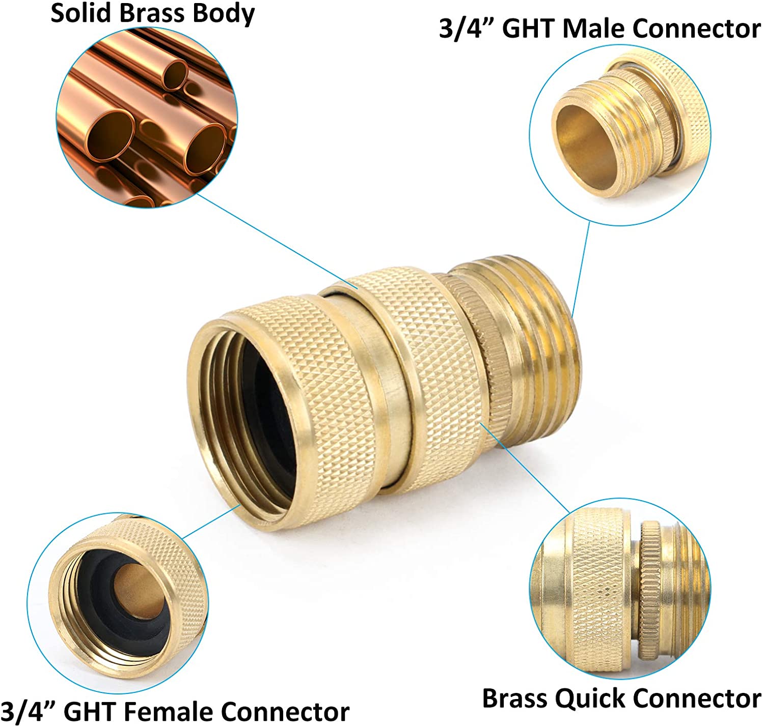 HRTGFD-Brass Full Flow Garden Hose Quick Release Connect Adaptor Fitting, Full Port Solid Brass Outdoor Water Hose Quick Disconnect Connector Coupler with Male and Female, with 4 Hose Washers - 3 Set