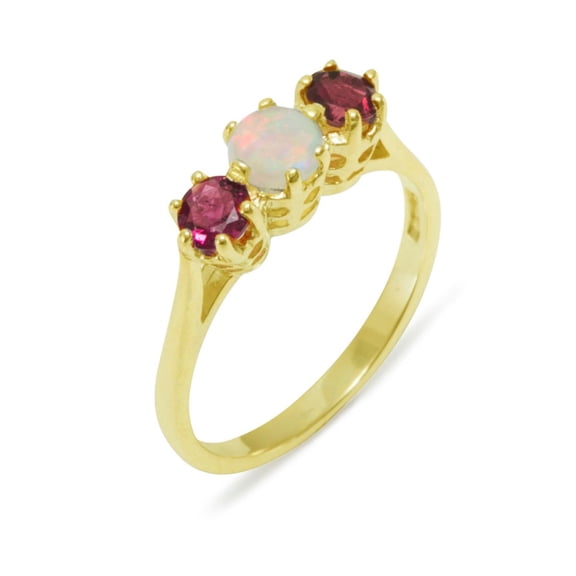 LBG British Made 10k Yellow Gold Natural Opal & Pink Tourmaline Womens Anniversary Ring - 33 size options - Size 10