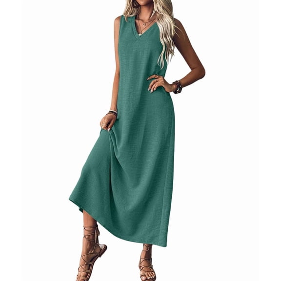 Summer Dresses for Women Cotton Linen Maxi Dress Casual Sleeveless Solid Long Sundress Lake Green XL
