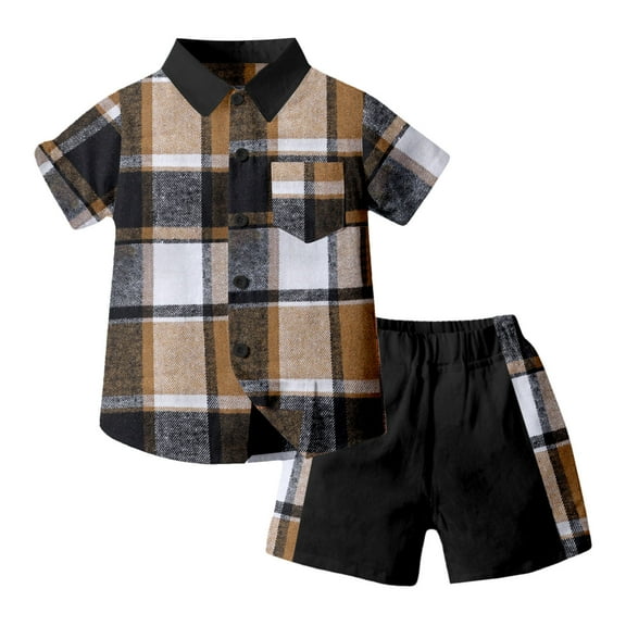 Boys 2 Piece Outfit Summer Short Sets Plaid Printed Patchwork Tops and Pants Comfort Baby Summer Clothes,Black,6-7 Years