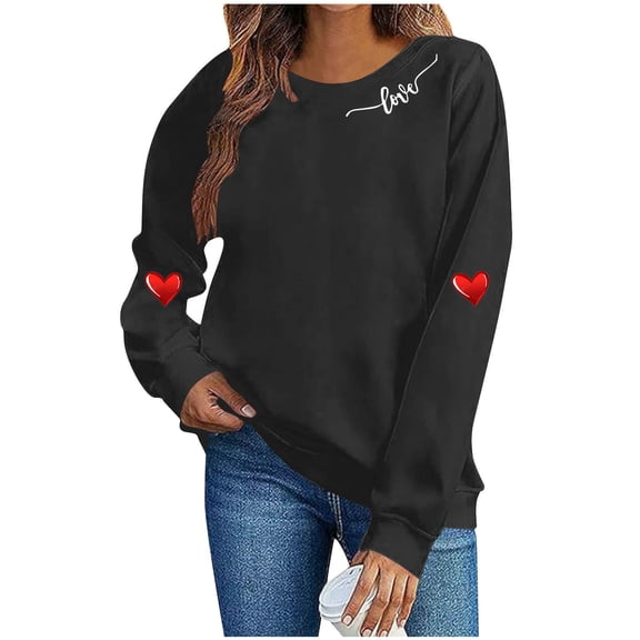 Lcziwo Women's Valentine's Day Sweatshirt Long Sleeve Round Neck Pullover Heart Graphic Oversized Casual Tops Black,XL