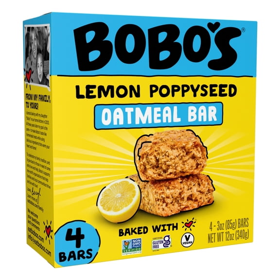 Bobo's Oat Bars, Lemon Poppyseed, 4 Pack of 3 oz bars