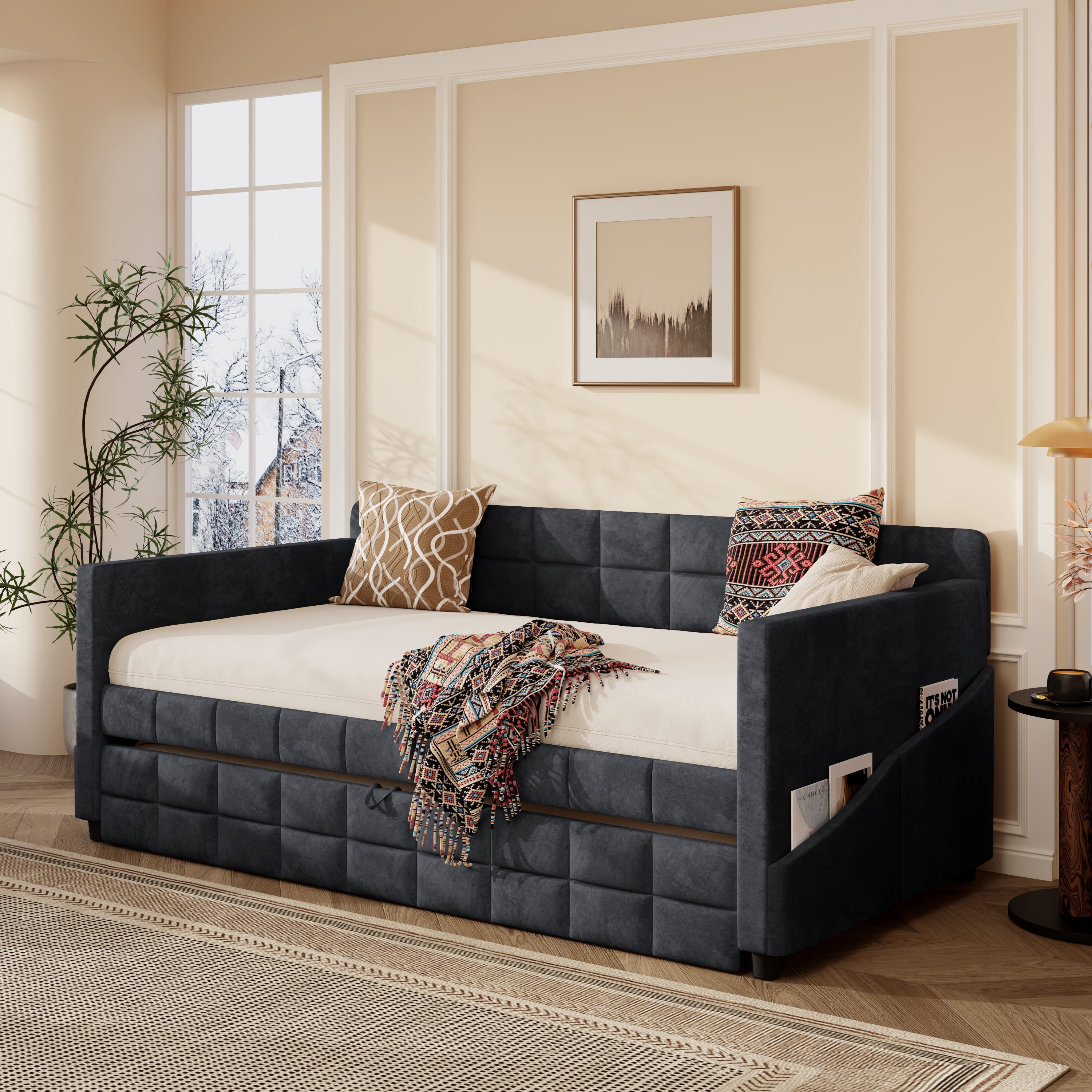 Aukfa Modern Twin Daybed with Trundle, Velvet Upholstered Bed Frame with Storage Pockets, Space-Saving Sofa Bed for Living Room, Bedroom, Black