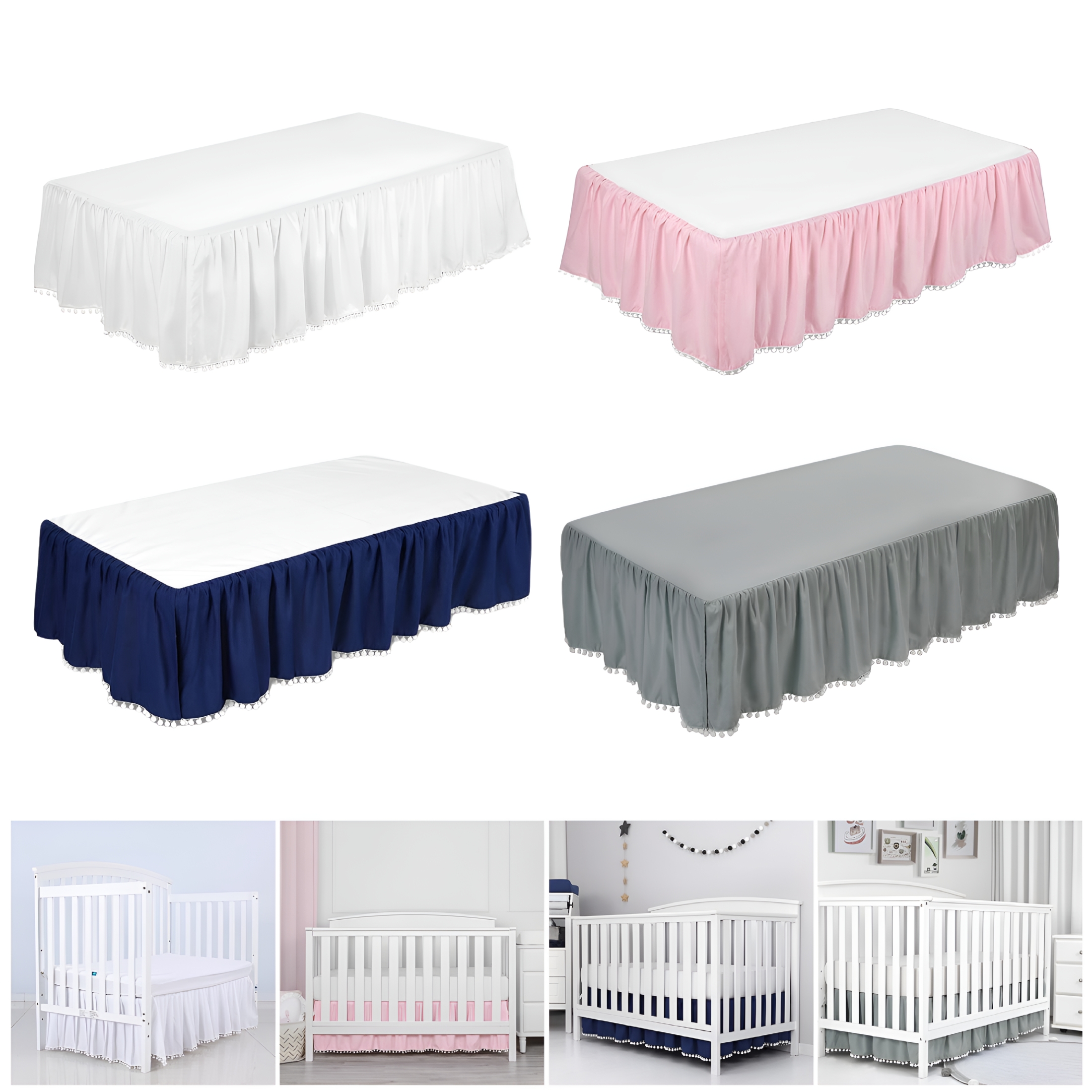 AUQ Plush Ball Ruffled Crib Skirt Toddler Adjustable Elastic Bedding Crib Ruffle Bed Skirt Baby Boys Girls Bed Cover